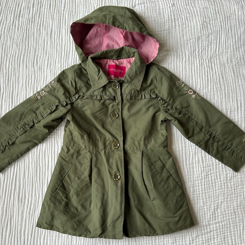 London Fog Olive Green Hooded Raincoat with Pink Lining, Sz. M